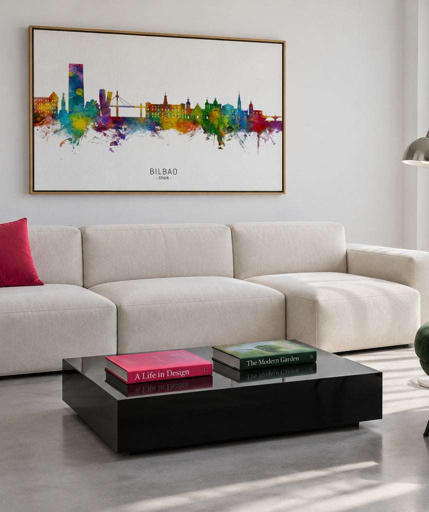 Bilbao Skyline multicolor - Framed canvas in an interior
