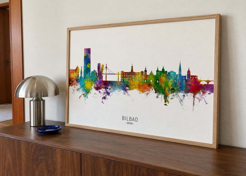 Bilbao Skyline multicolor - Framed poster in an interior