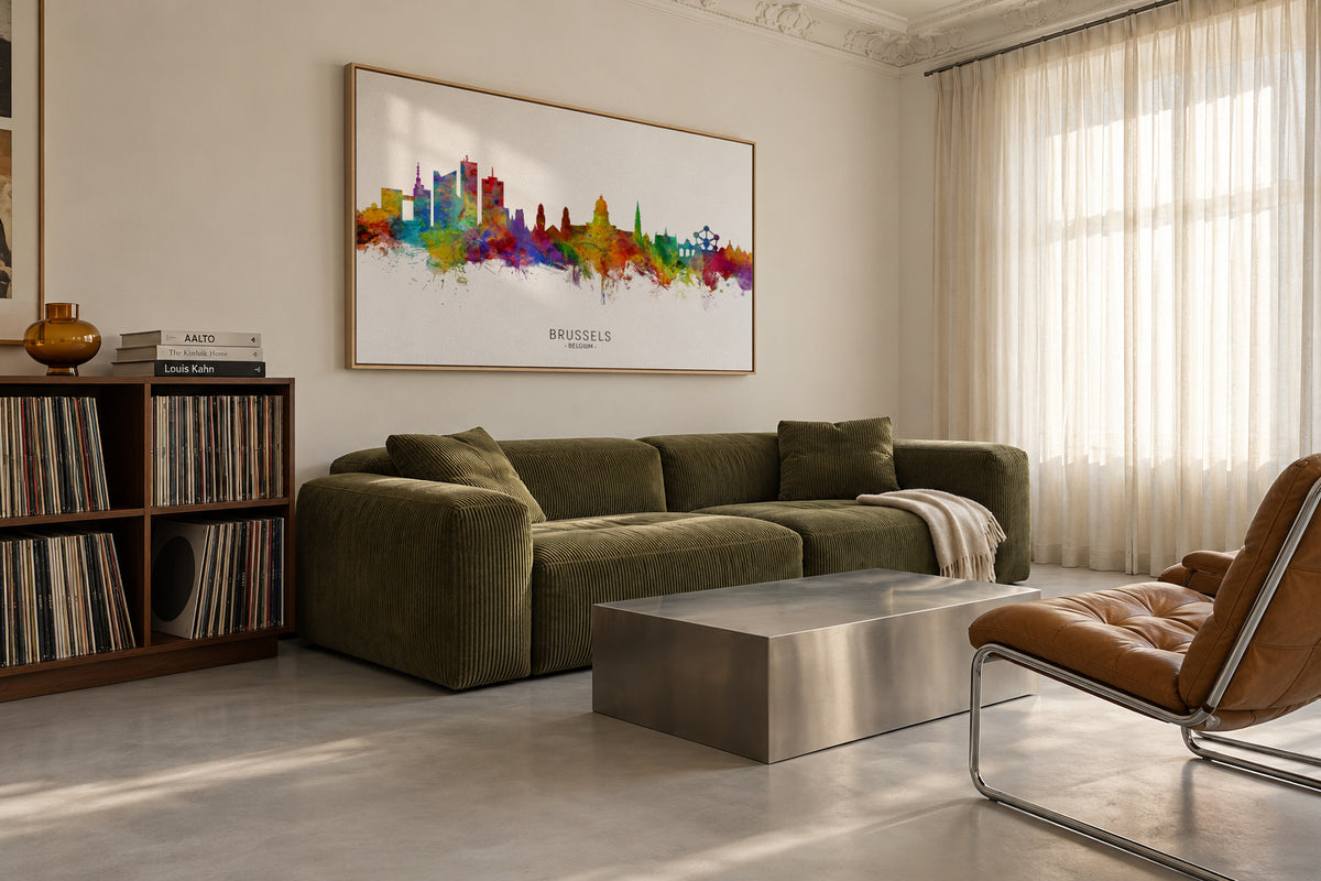 Brussels Skyline multicolor - Framed canvas in an interior