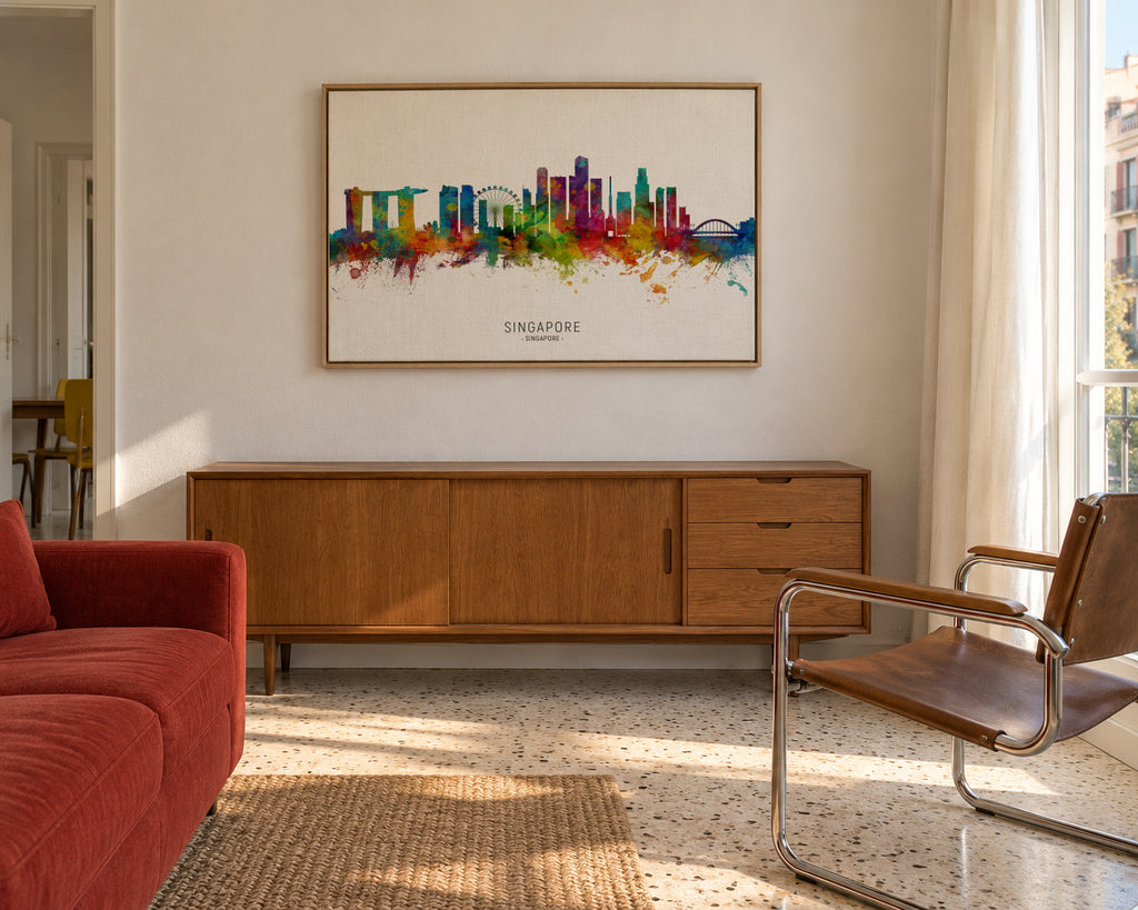 Singapore Skyline multicolor - Framed canvas in an interior