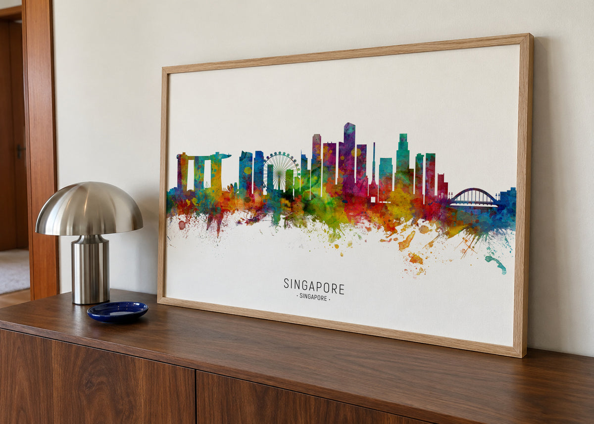 Singapore Skyline multicolor - Framed poster in an interior