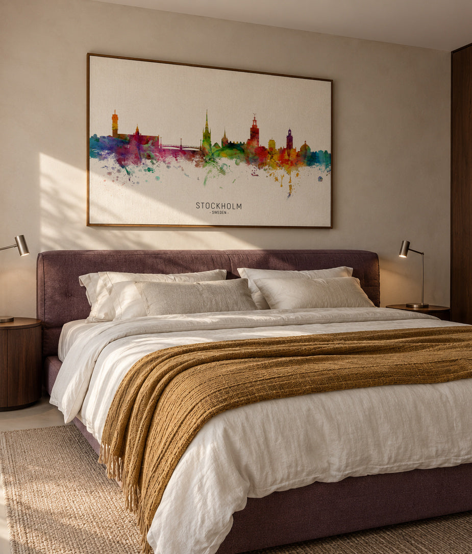 Stockholm Skyline multicolor - Framed canvas in an interior
