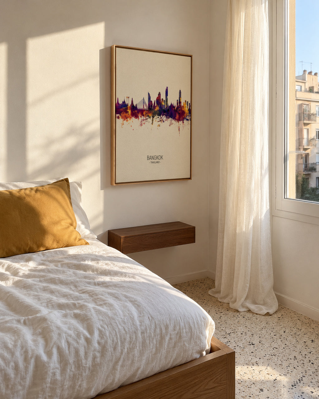 Bangkok Skyline beige - Framed canvas in an interior