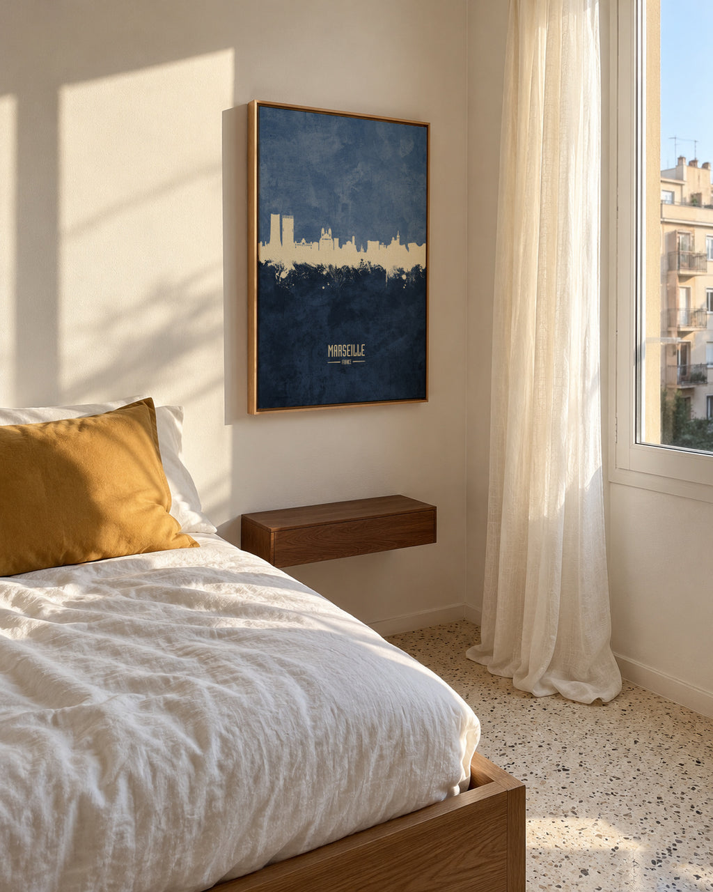 Marseille Skyline azul - Framed canvas in an interior