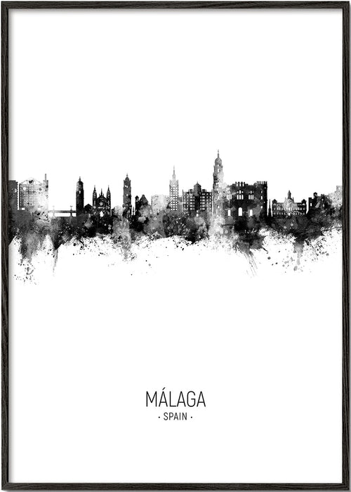 Stadsprent Málaga skyline in zwart-wit
