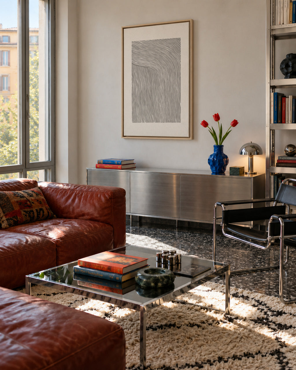 Stripes linocut Nº6 - Gray - Framed canvas in an interior