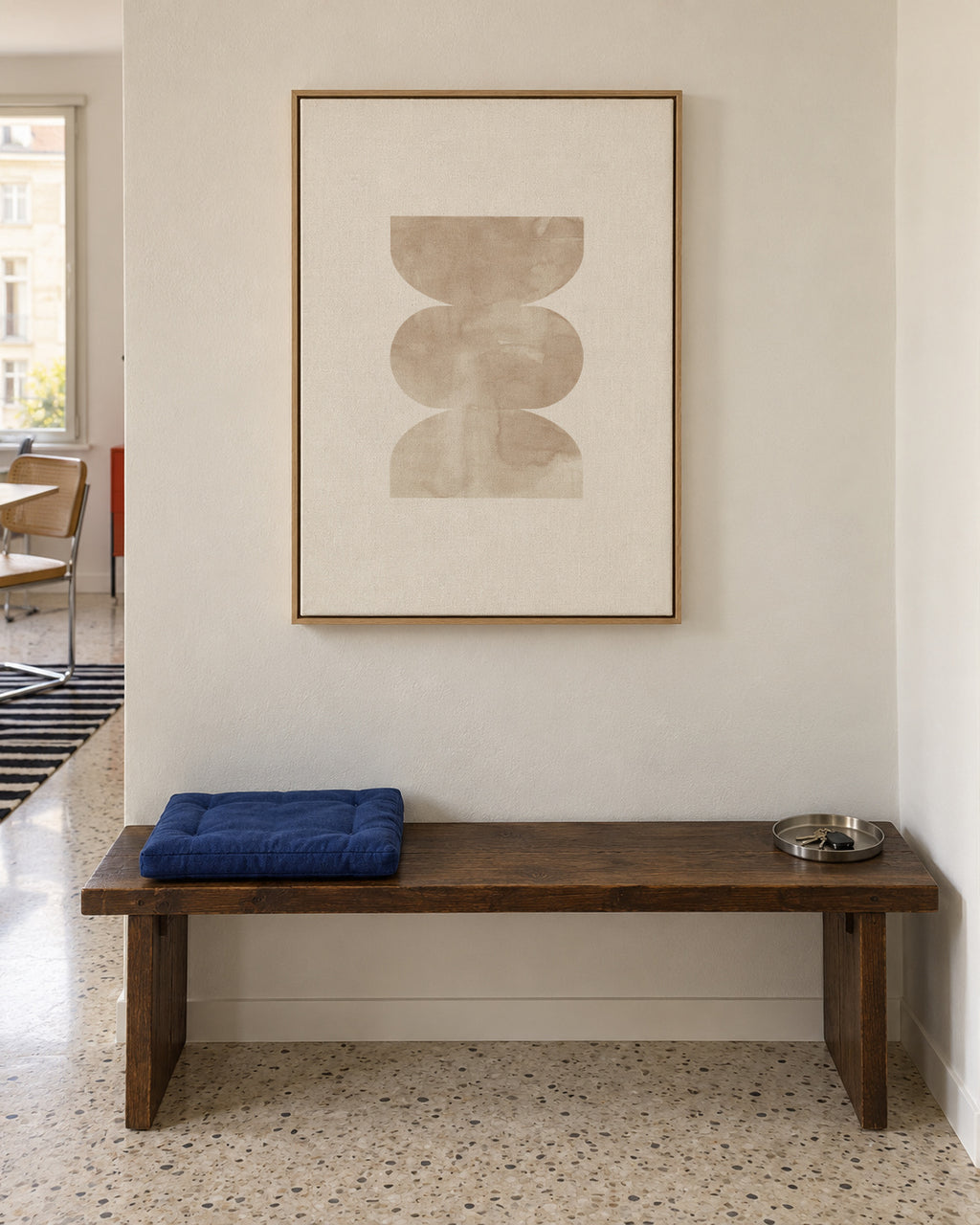 Watercolor shapes Nº4 - beige tones - Framed canvas in an interior