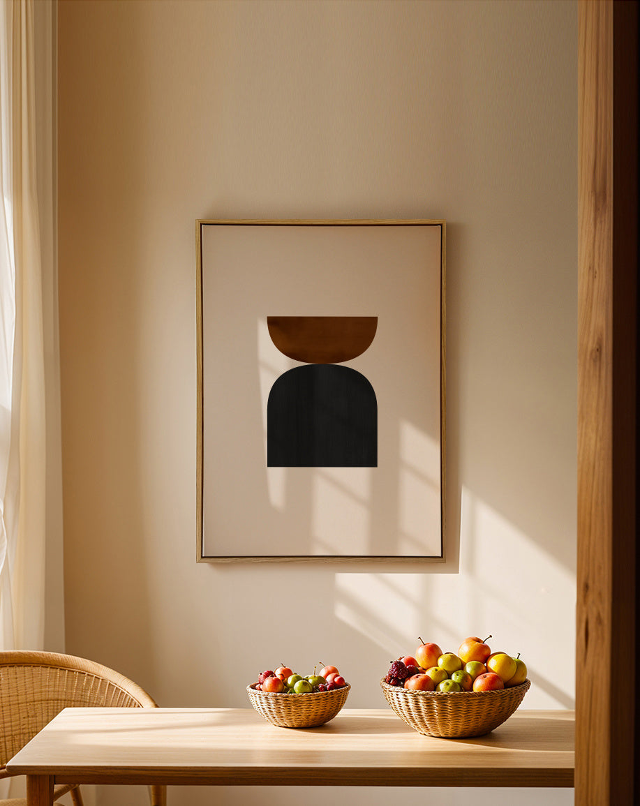 Geometric shapes Nº1 - rust & black - Framed canvas in an interior