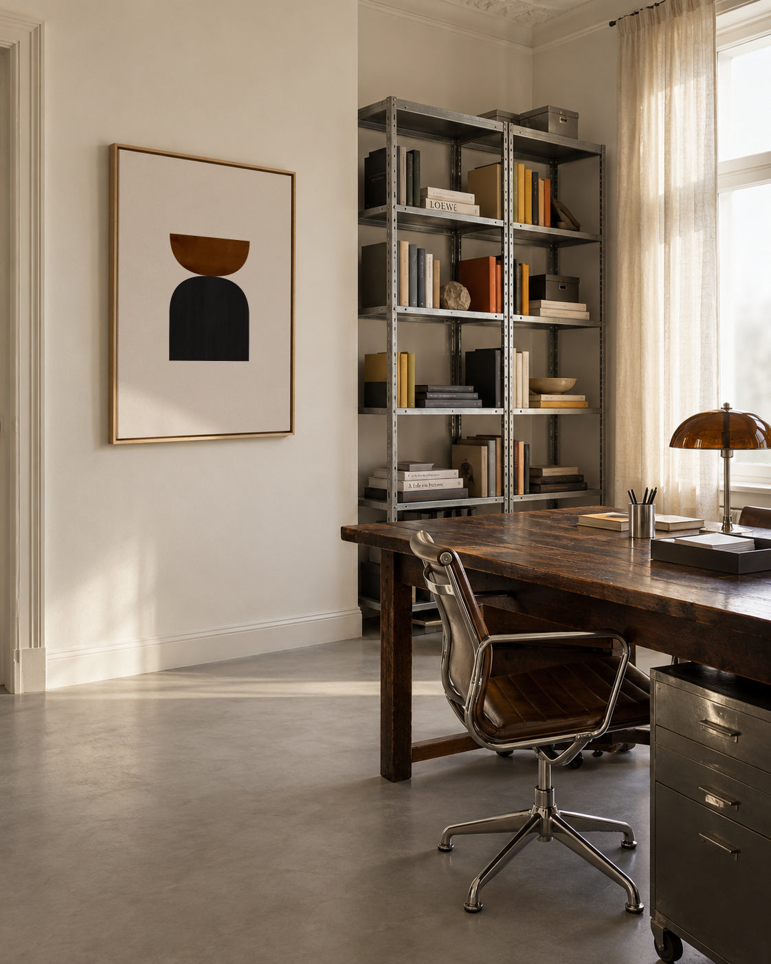 Geometric shapes Nº1 - rust & black - Framed canvas in an interior