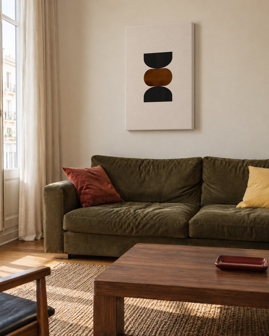 Geometric shapes Nº2 - rust & black - Unframed canvas in an interior
