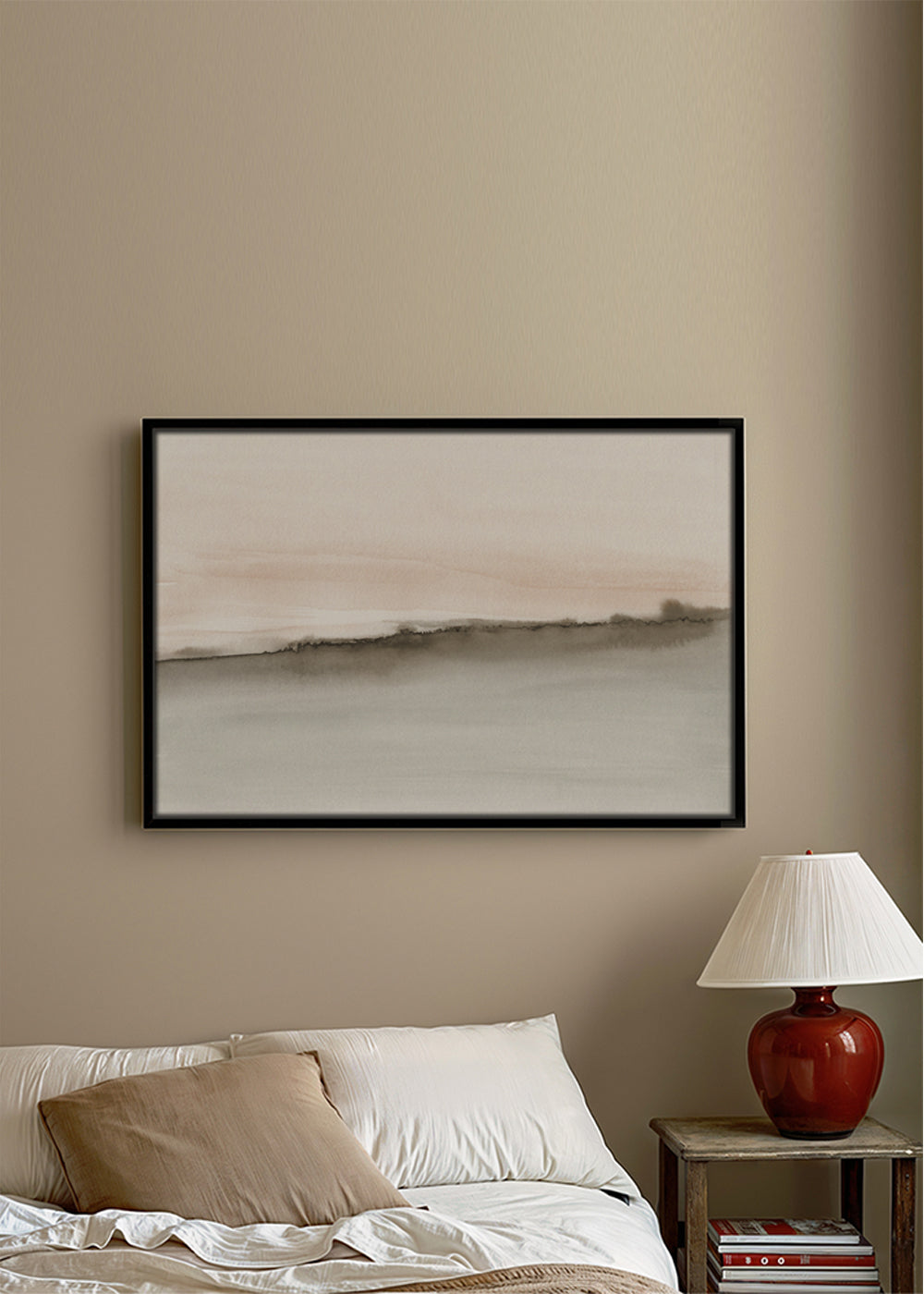 Landschap aquarel in koraal en sepia