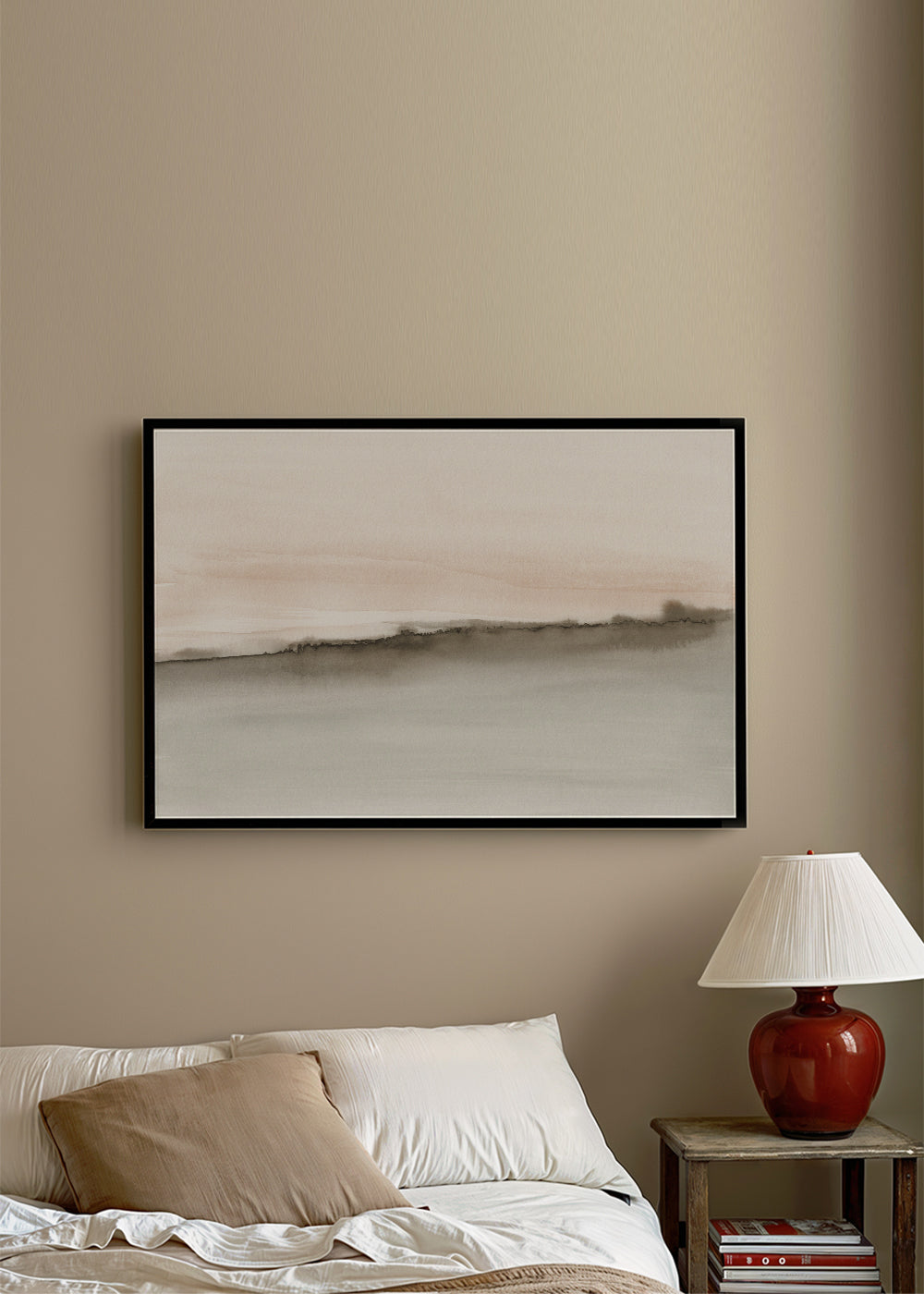 Landschap aquarel in koraal en sepia