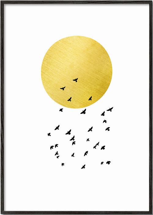 Minimalistische print gouden zon en zwerm