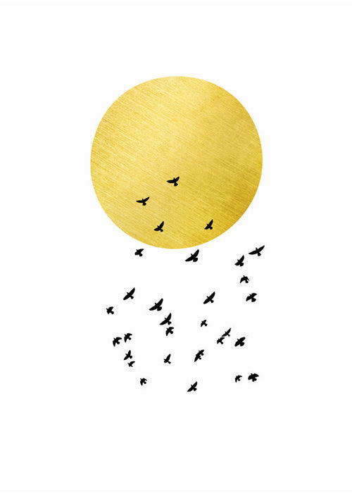 Minimalistische print gouden zon en zwerm