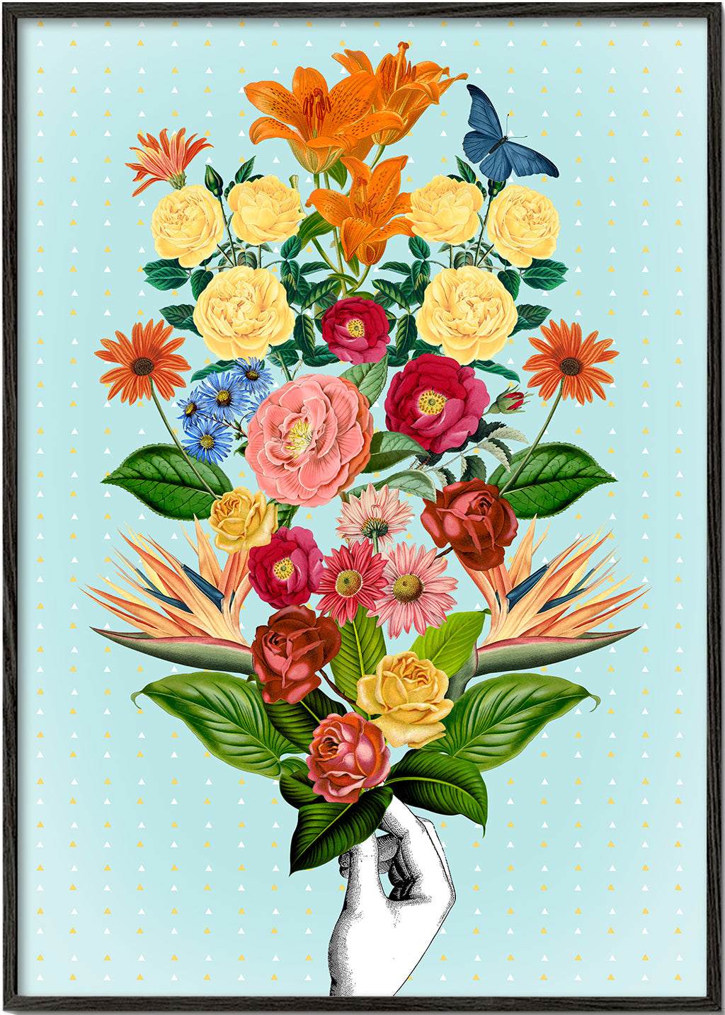 Botanische poster kleurrijk boeket op blauwe achtergrond