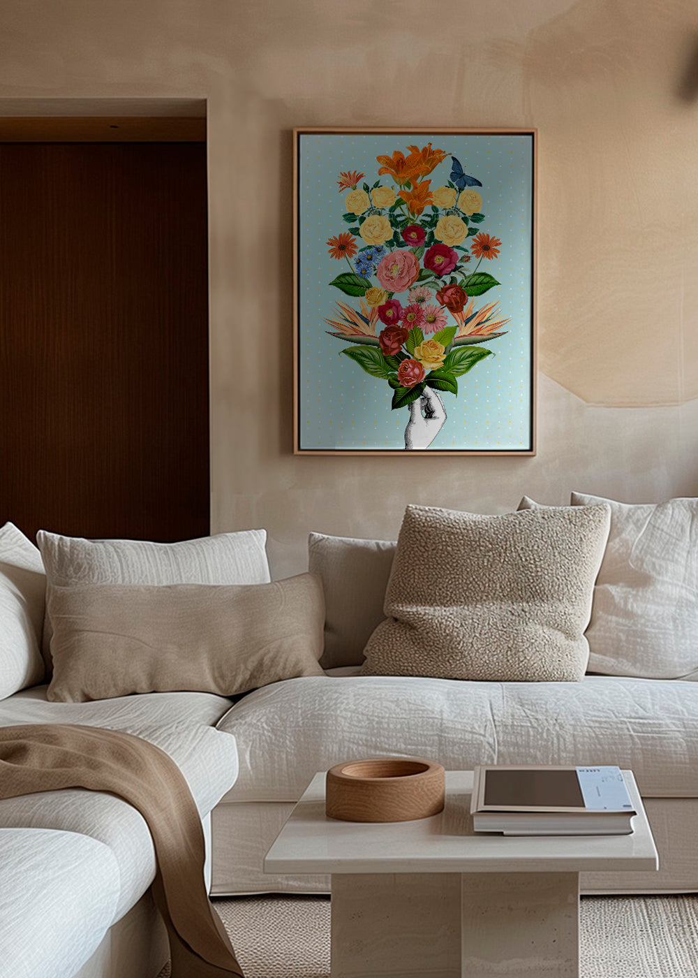 Botanische poster kleurrijk boeket op blauwe achtergrond