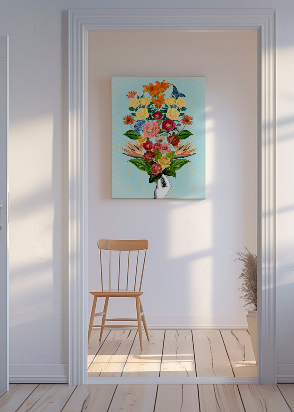 Botanische poster kleurrijk boeket op blauwe achtergrond