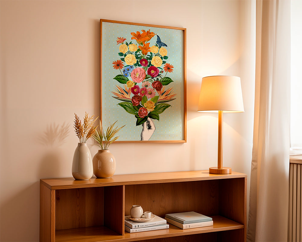 Botanische poster kleurrijk boeket op blauwe achtergrond