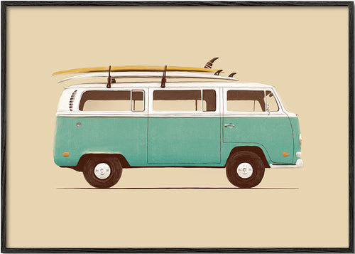 Vintage print turquoise campervan met surfplanken
