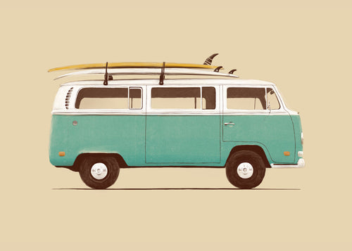 Vintage print turquoise campervan met surfplanken