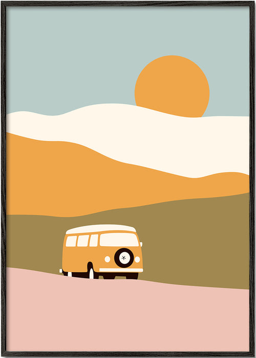 Minimalistische bus poster met zon