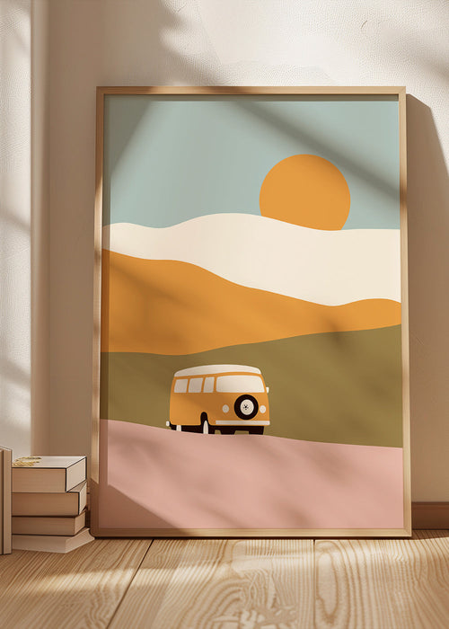 Minimalistische bus poster met zon