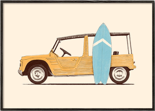 Vintage poster met auto en surfplank