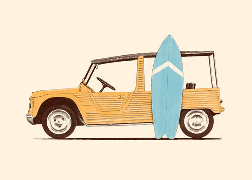 Vintage poster met auto en surfplank