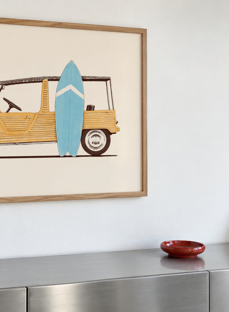 Vintage Car with Surfboard - Framed poster detail