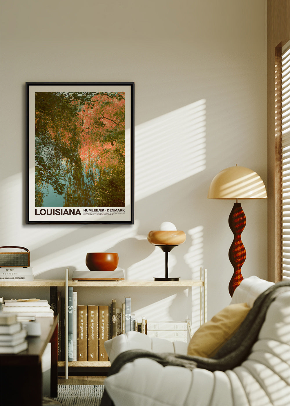 Tableau de paysage avec lac et reflets roses