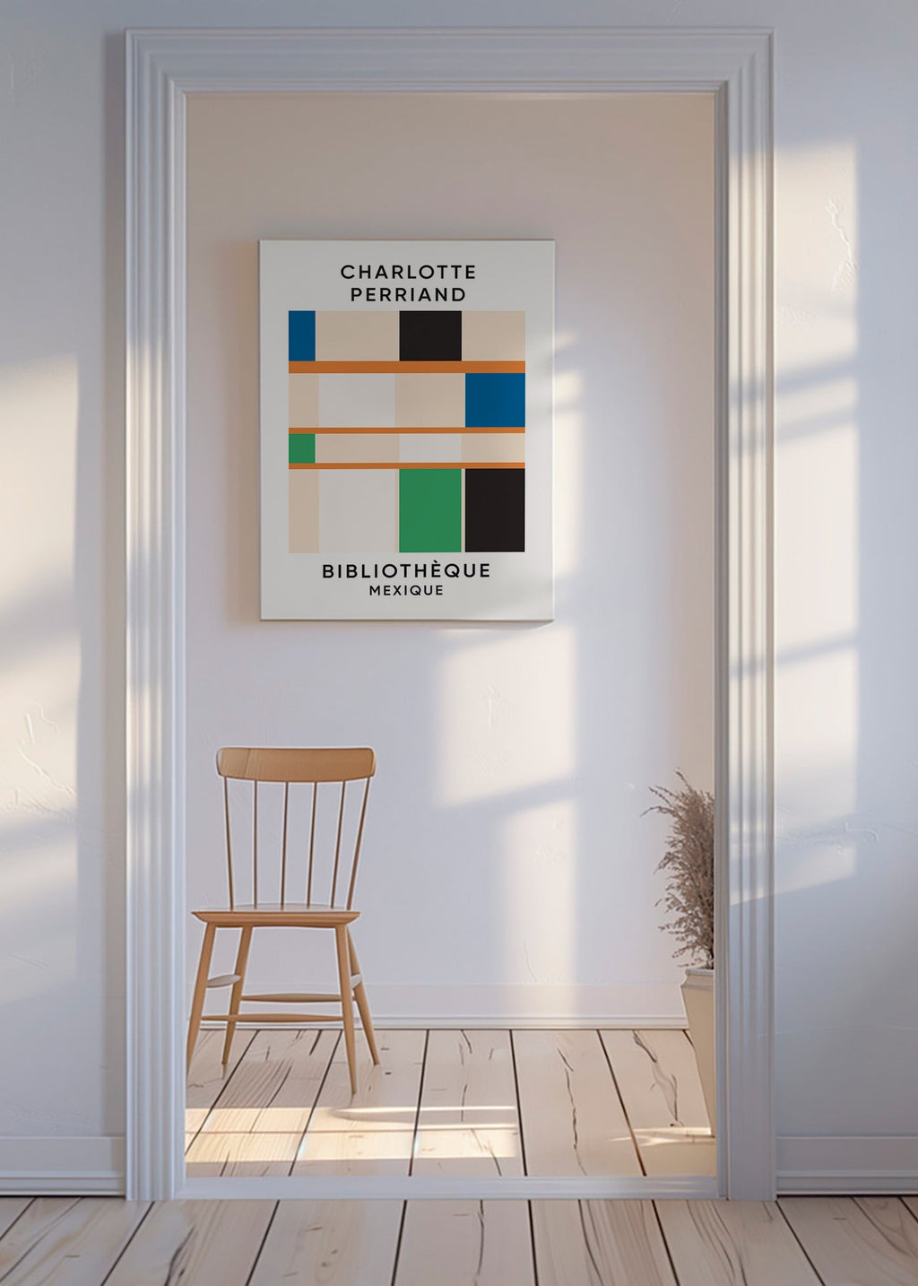 Geometrisches Poster mit Blöcken und Typografie 'Bibliothèque'