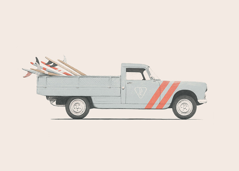 Vintage print pickup met surfplanken
