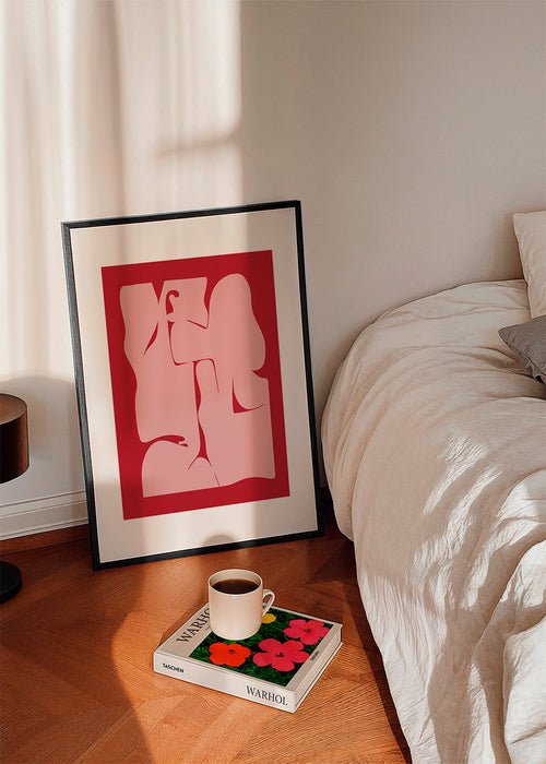 Abstracte kunst roze vormen op rood vlak