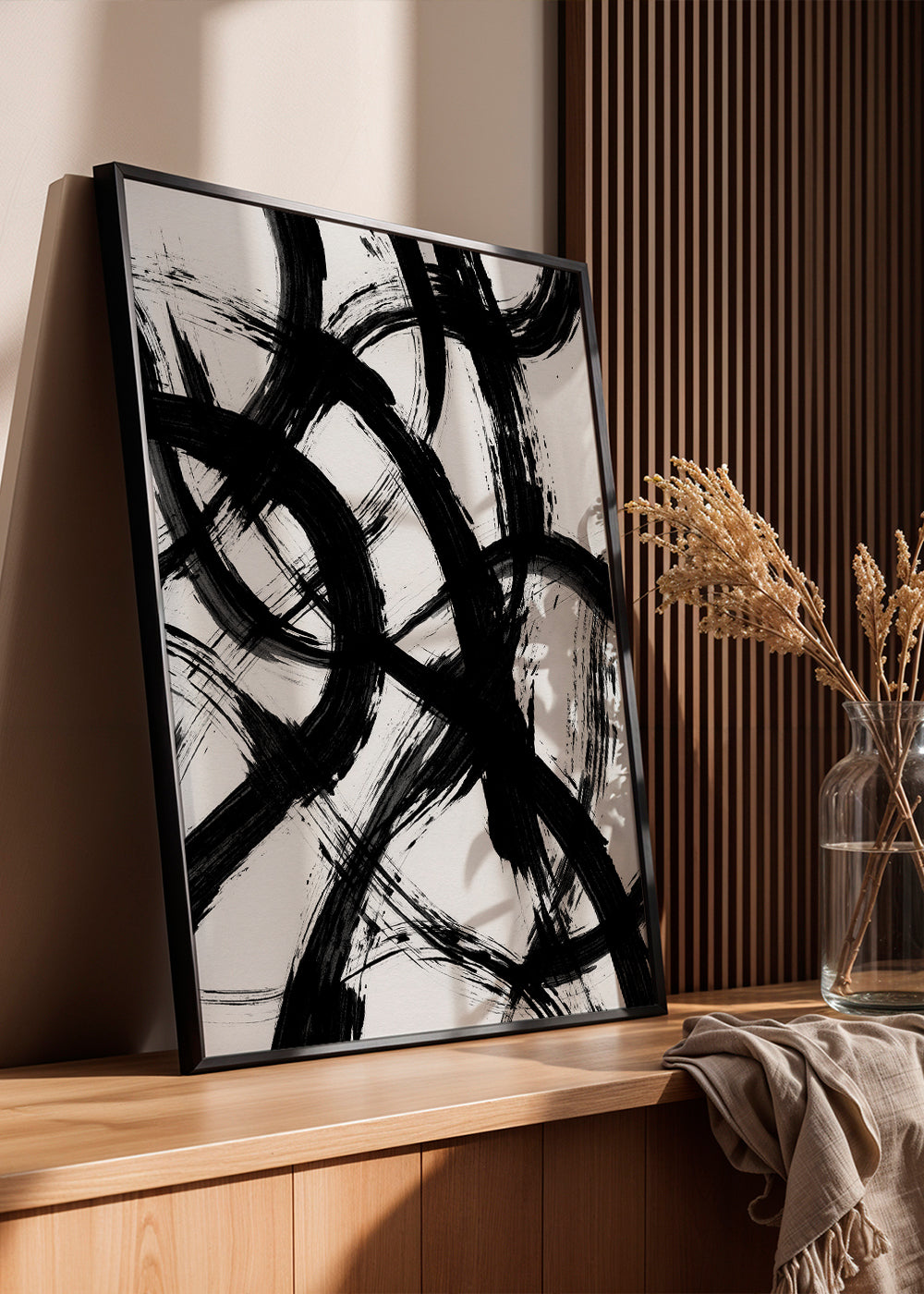 Abstracte kunst met gebarenpenselen in zwart-wit