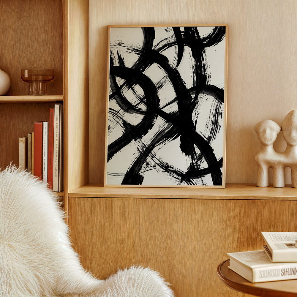 Abstracte kunst met gebarenpenselen in zwart-wit