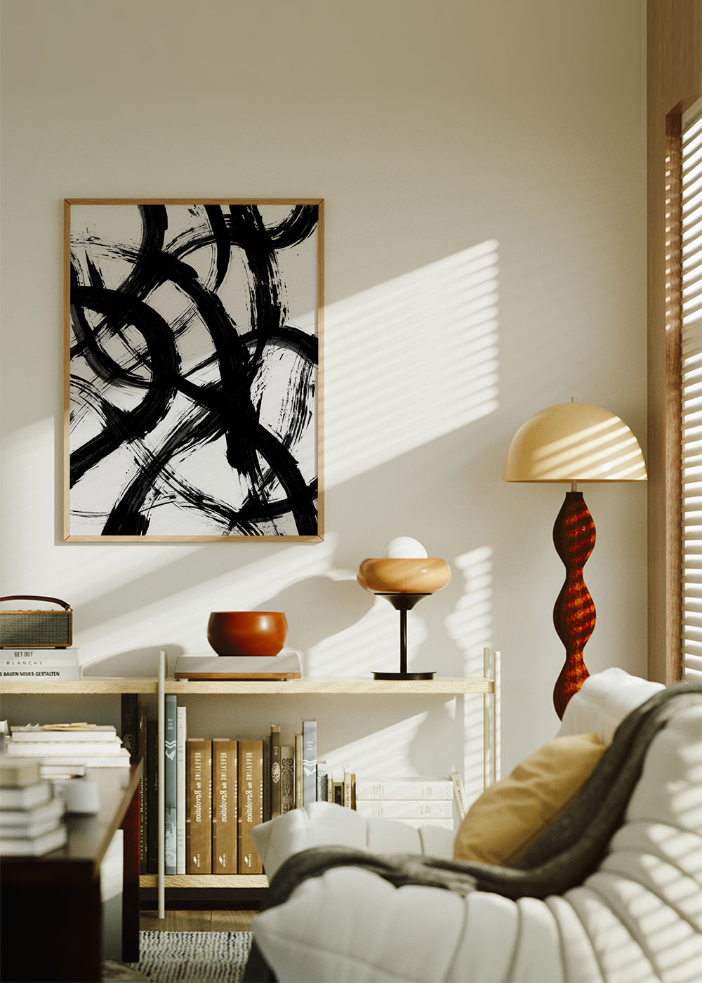 Abstracte kunst met gebarenpenselen in zwart-wit