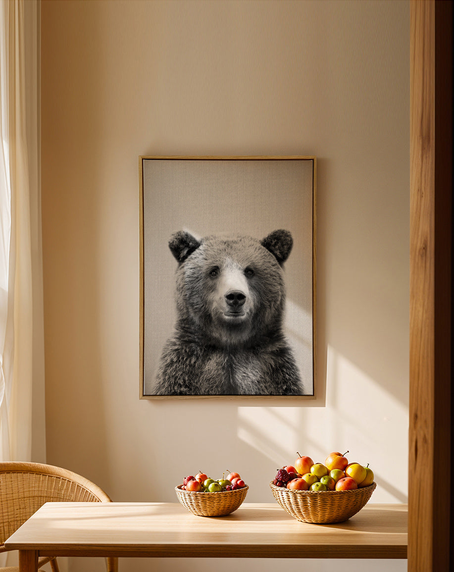 Grizzly Bear - Black & White - Framed canvas in an interior