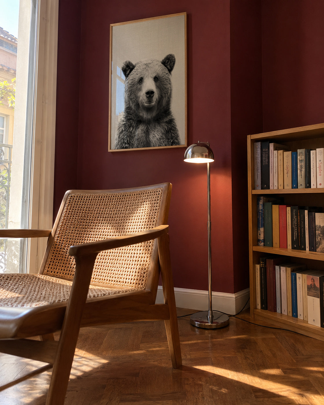 Grizzly Bear - Black & White - Framed poster in an interior