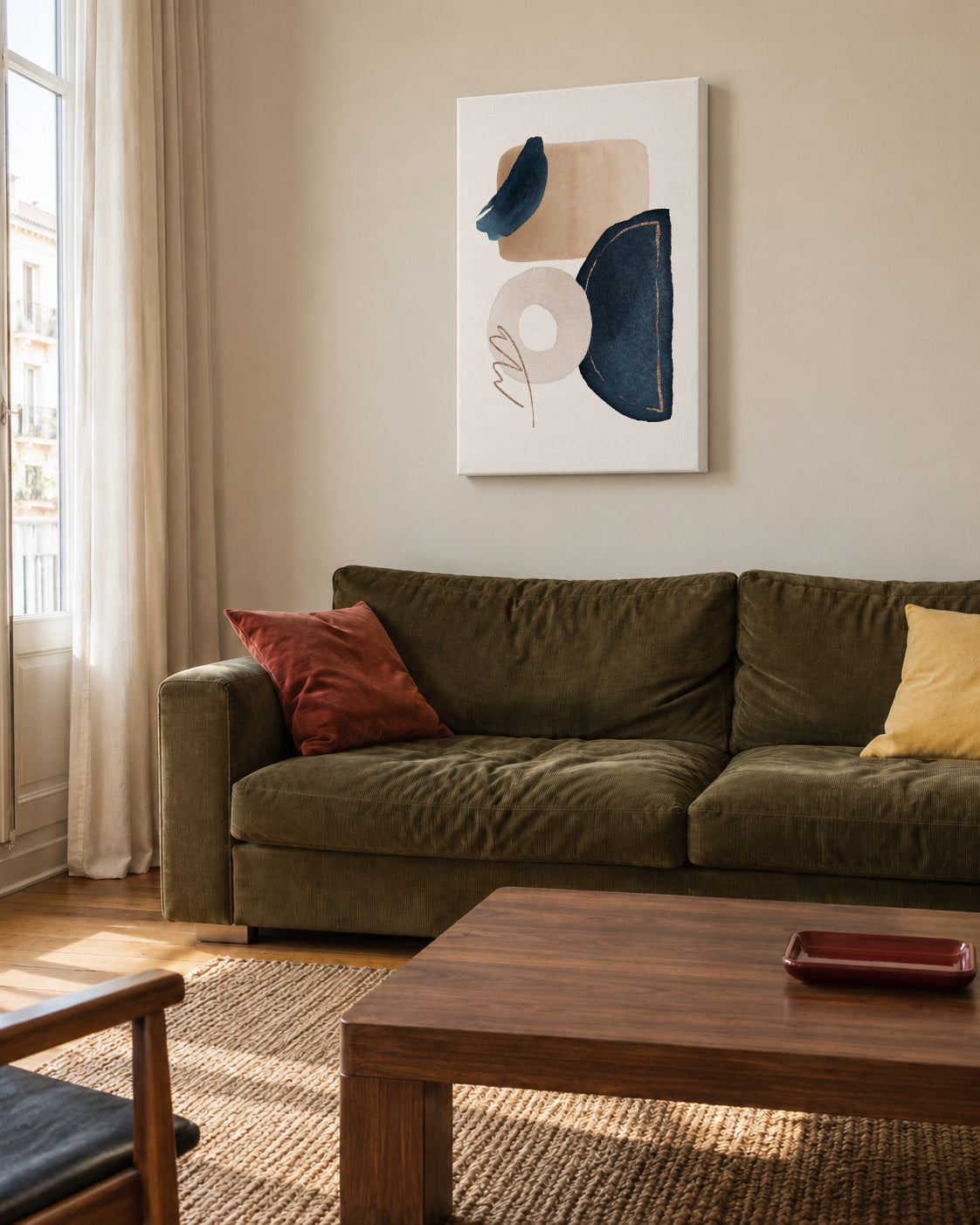 Watercolor Shapes in Navy 2 - Unframed canvas in an interior