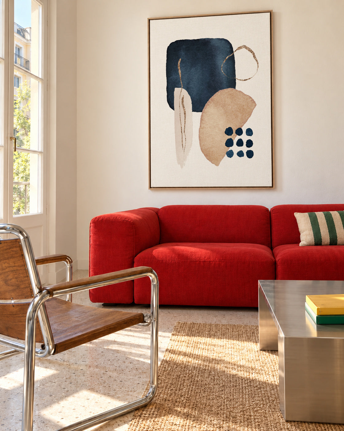 Watercolor Shapes in Navy 4 - Framed canvas in an interior