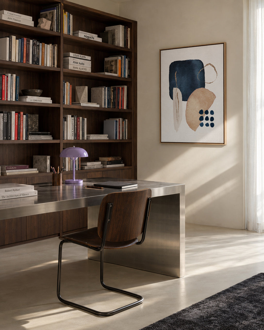 Watercolor Shapes in Navy 4 - Framed canvas in an interior