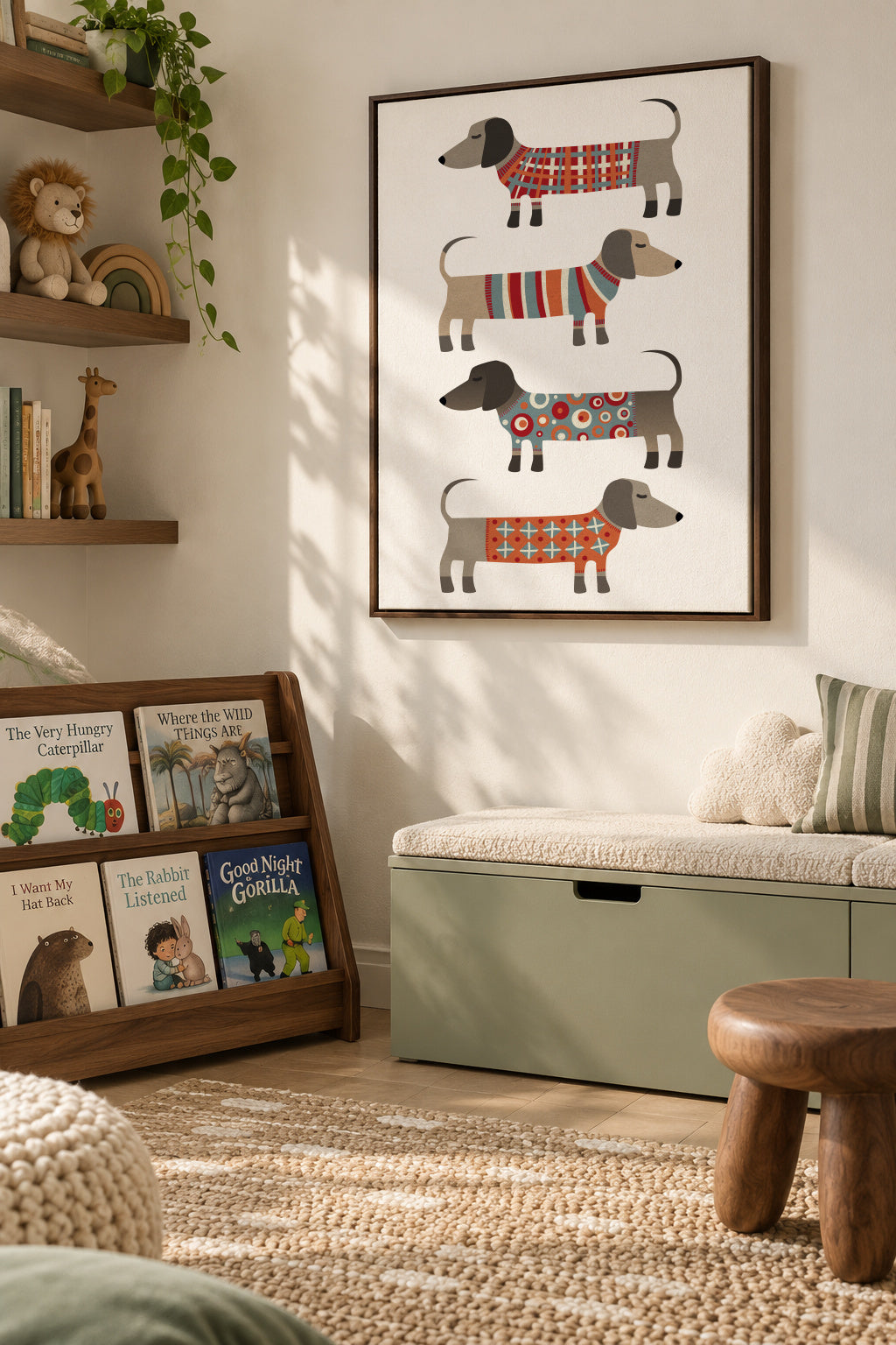 Sausage Dogs in Sweaters - Framed canvas in an interior