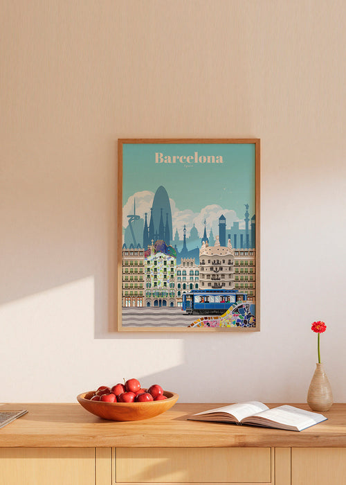 Reisposter Barcelona illustratieve skyline