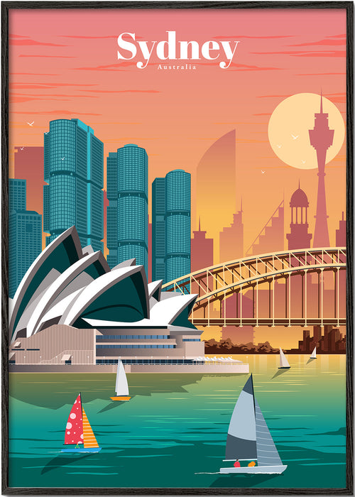 Reisposter met de skyline van Sydney