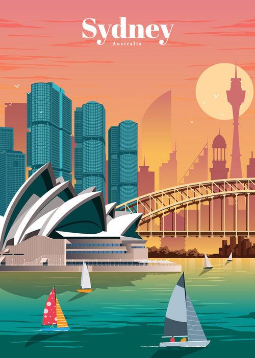 Reisposter met de skyline van Sydney