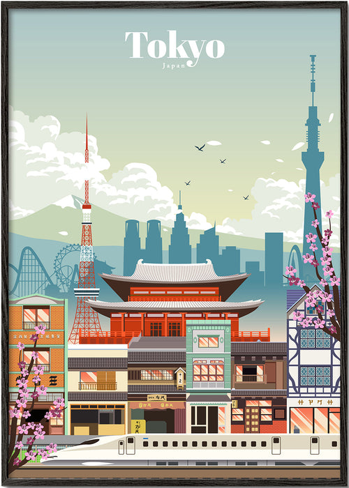 Tokyo stadsposter met tempel en shinkansen