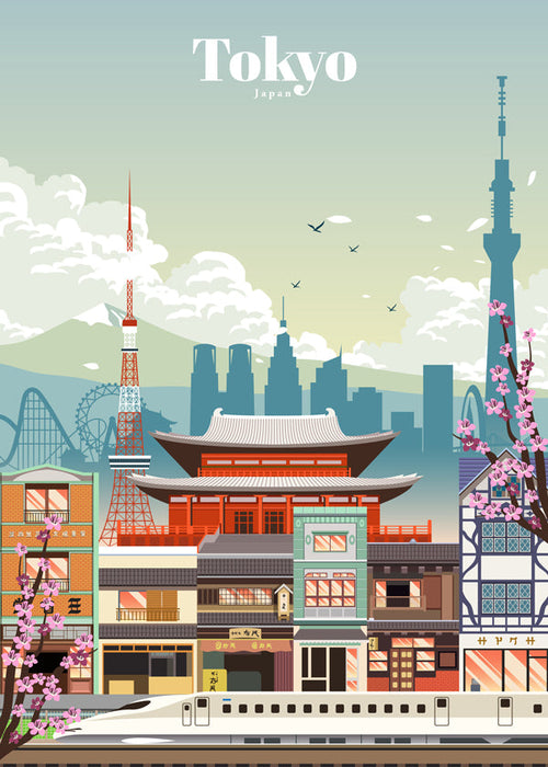 Tokyo stadsposter met tempel en shinkansen