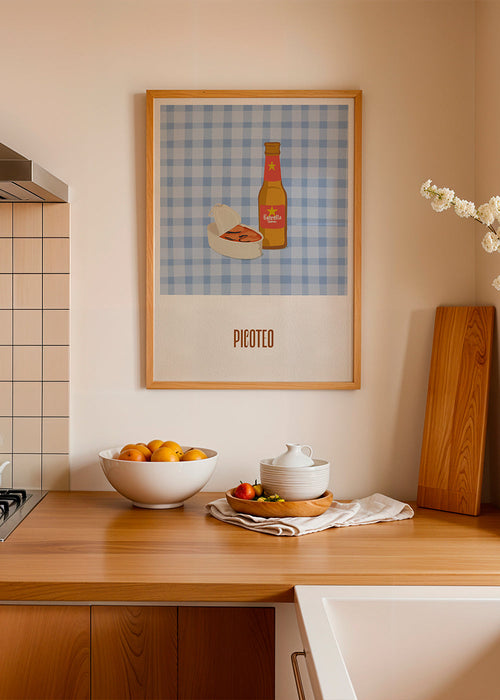 Keuken kunst met bierfles en borrelhapje
