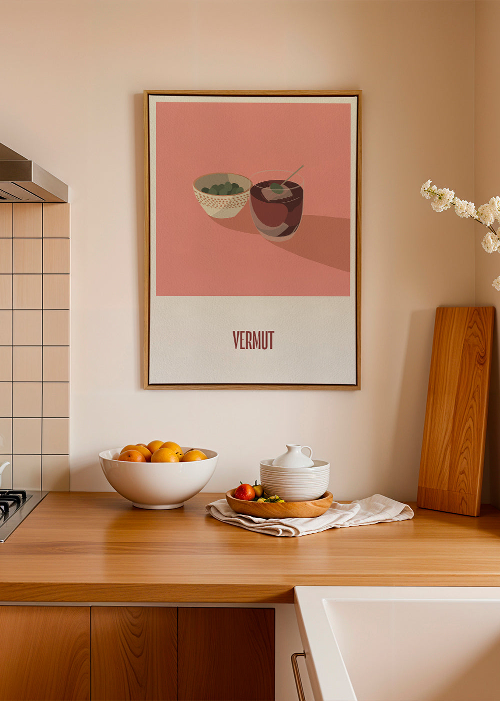 Keuken kunst Vermout en olijven minimal illustratie
