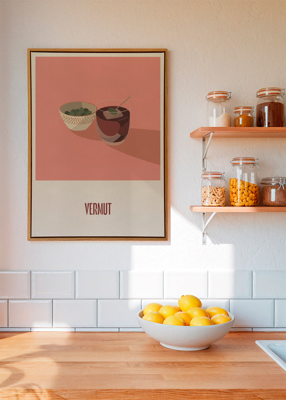 Keuken kunst Vermout en olijven minimal illustratie